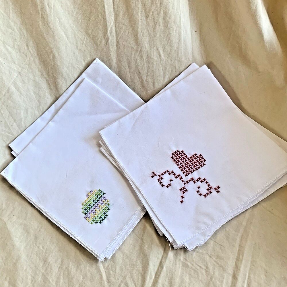 Vtg Cocktail Tea Napkins Cross-Stitch Embroidery Valentines  16x16” 6pc Handmade